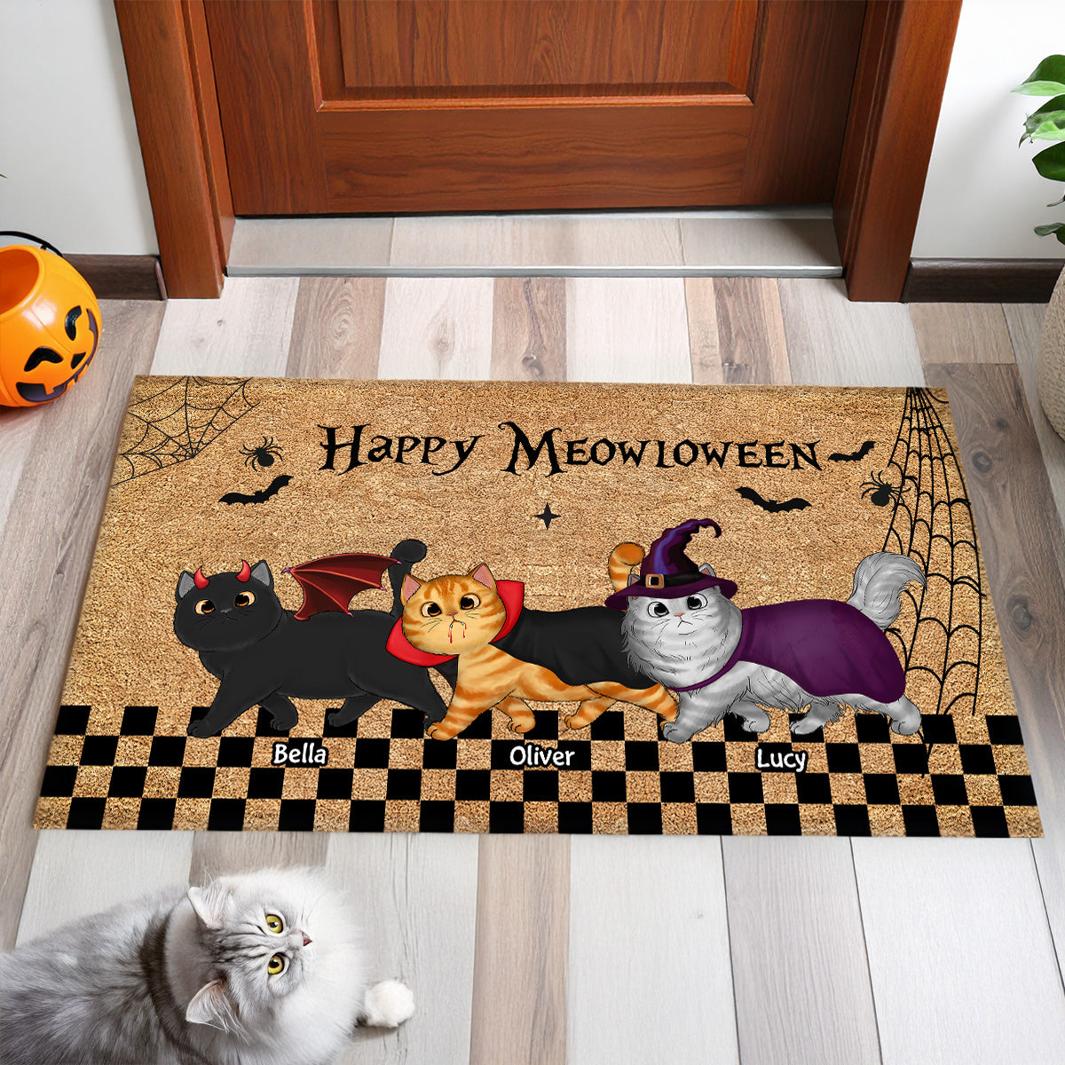 Spooky Season Happy Meowloween Spooky Walking Cats Personalized Doormat, Halloween Decor
