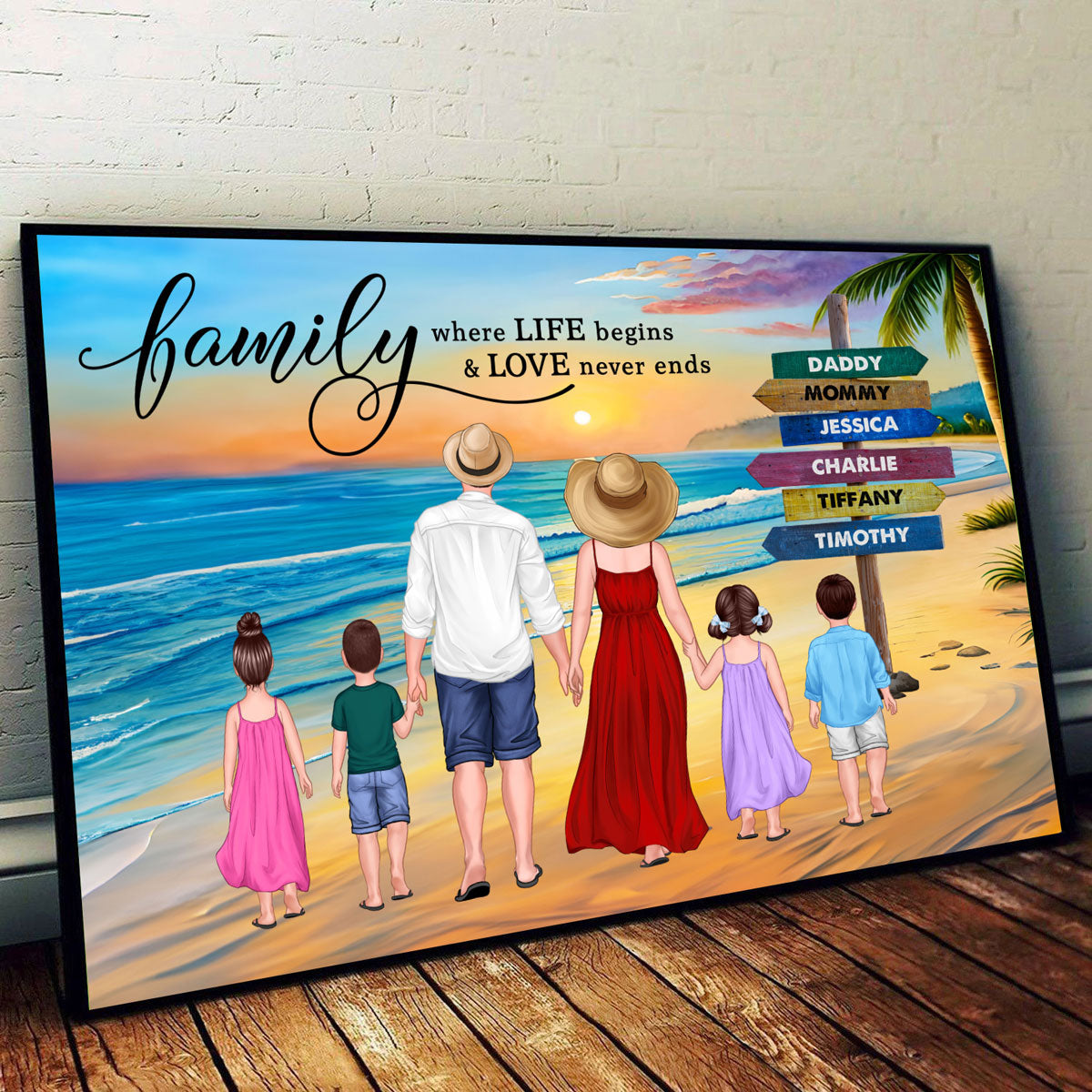 Family Summer Standing Back View Beach Sign Personalized Horizontal Poster