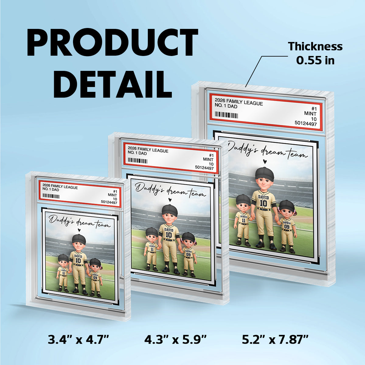 Baseball No. 1 Dad Man & Kids Standing On Court Trading Card Style - Personalized Acrylic Block Plaque - Father's Day Gift For Baseball Dad