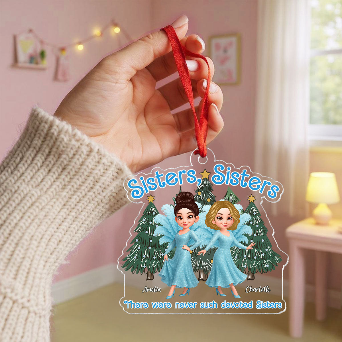 Cute Cartoon Sisters Besties Blue Dress Under Christmas Tree Personalized Acrylic Ornament