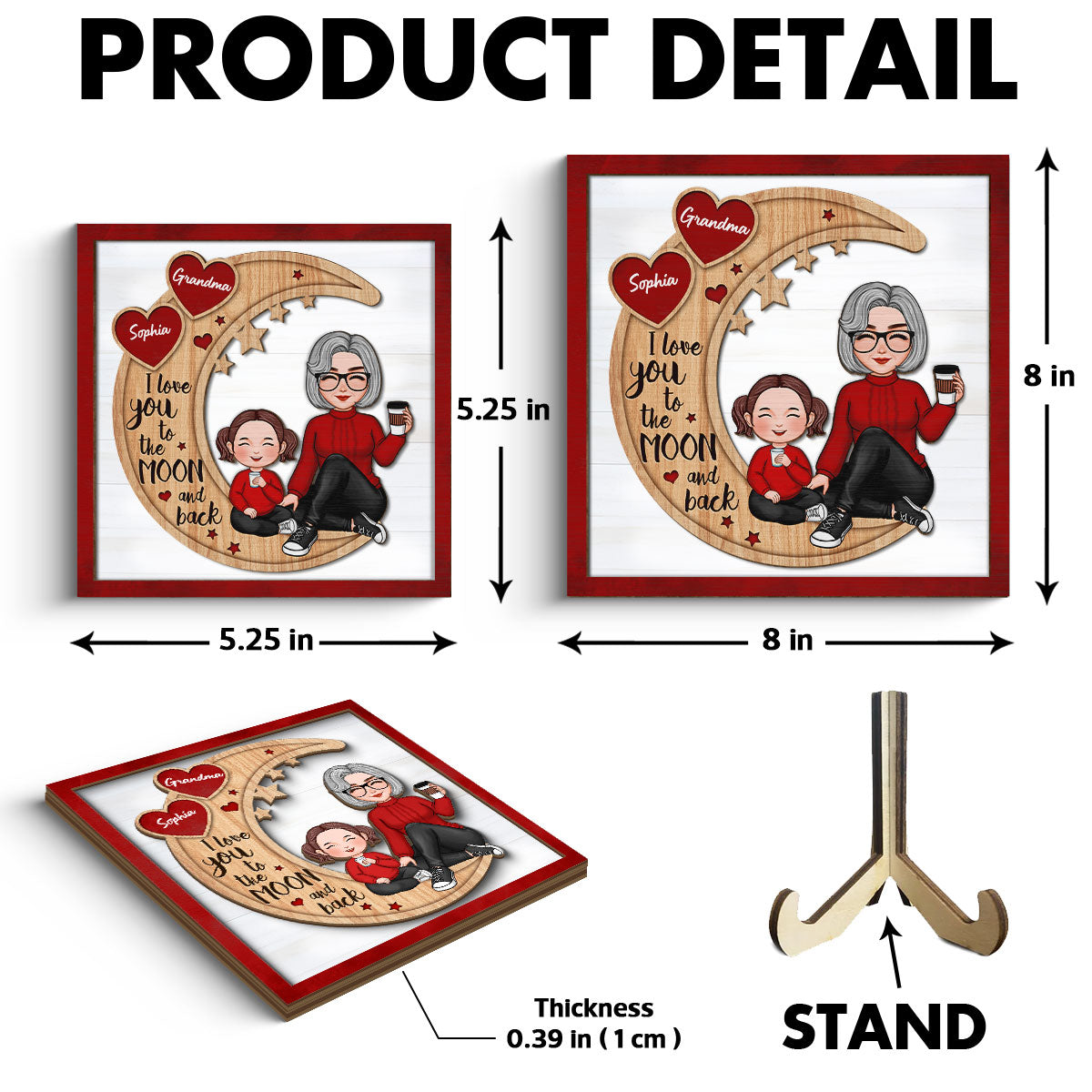 Red Heart Cute Grandma Grandkids Sitting On Moon Personalized 2-Layer Wooden Plaque