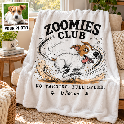 Zoomies Club Official Member Quirky Dog Portrait From Your Custom Pet Photo - Personalized Blanket - Funny Gift For Dog Cat Lover