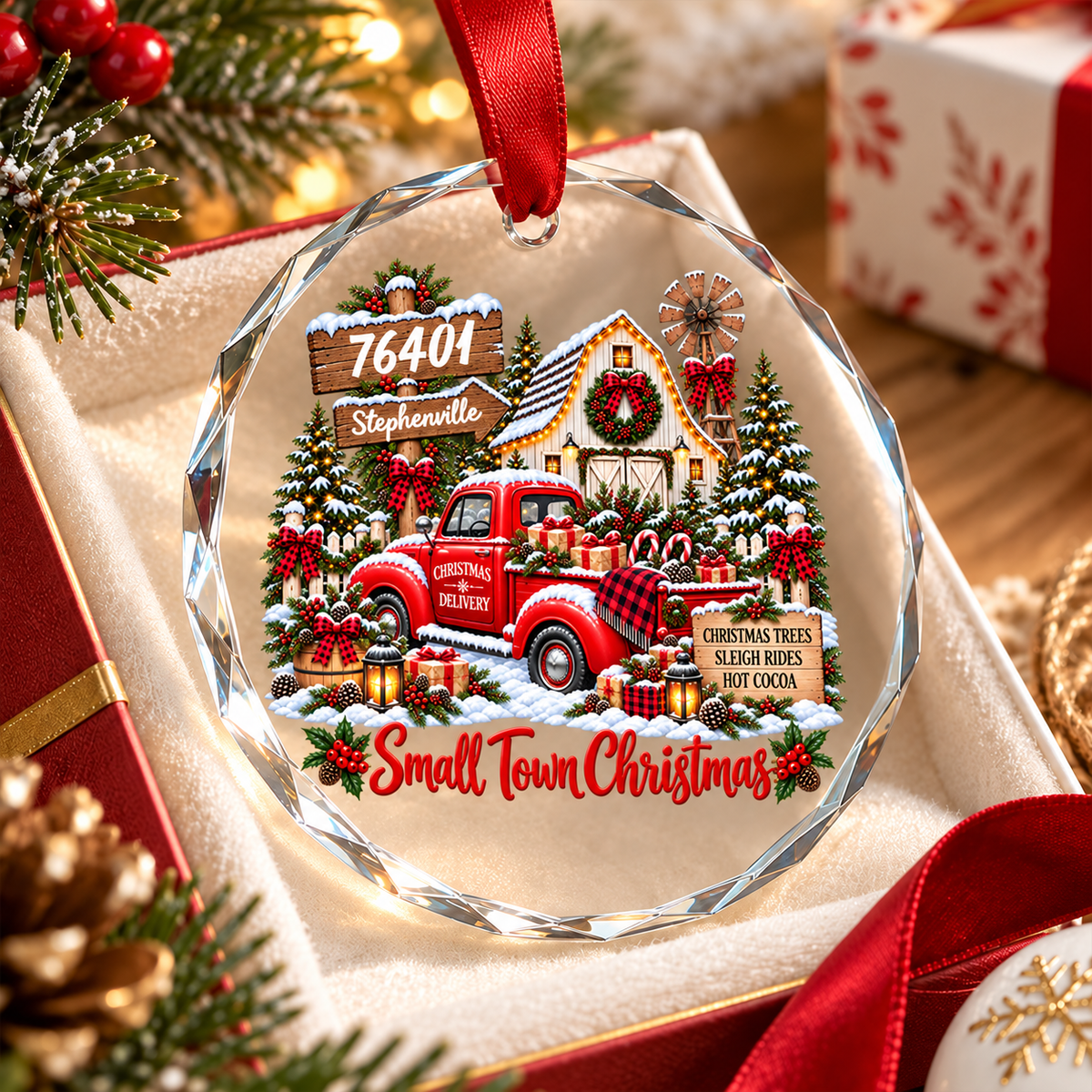 Custom Zip Code Small Town Christmas - Personalized Glass Ornament - Trendy Christmas Holiday Tee, Town Pride
