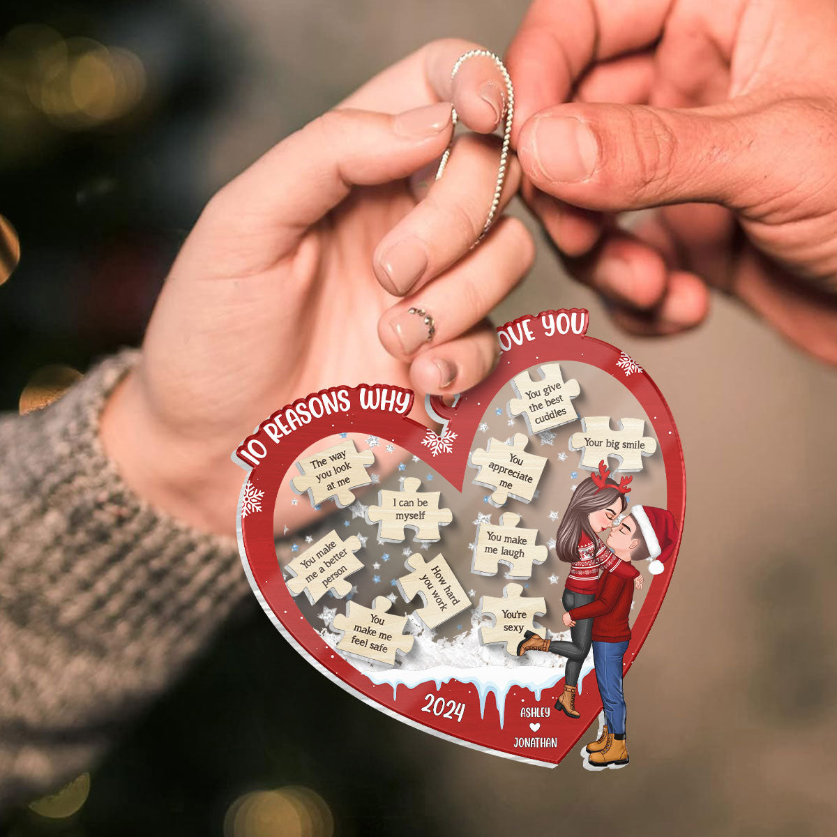 Reasons Why I Love You Christmas Couple Hugging Kissing Personalized Shaker Ornament, Christmas Gift For Her, For Him
