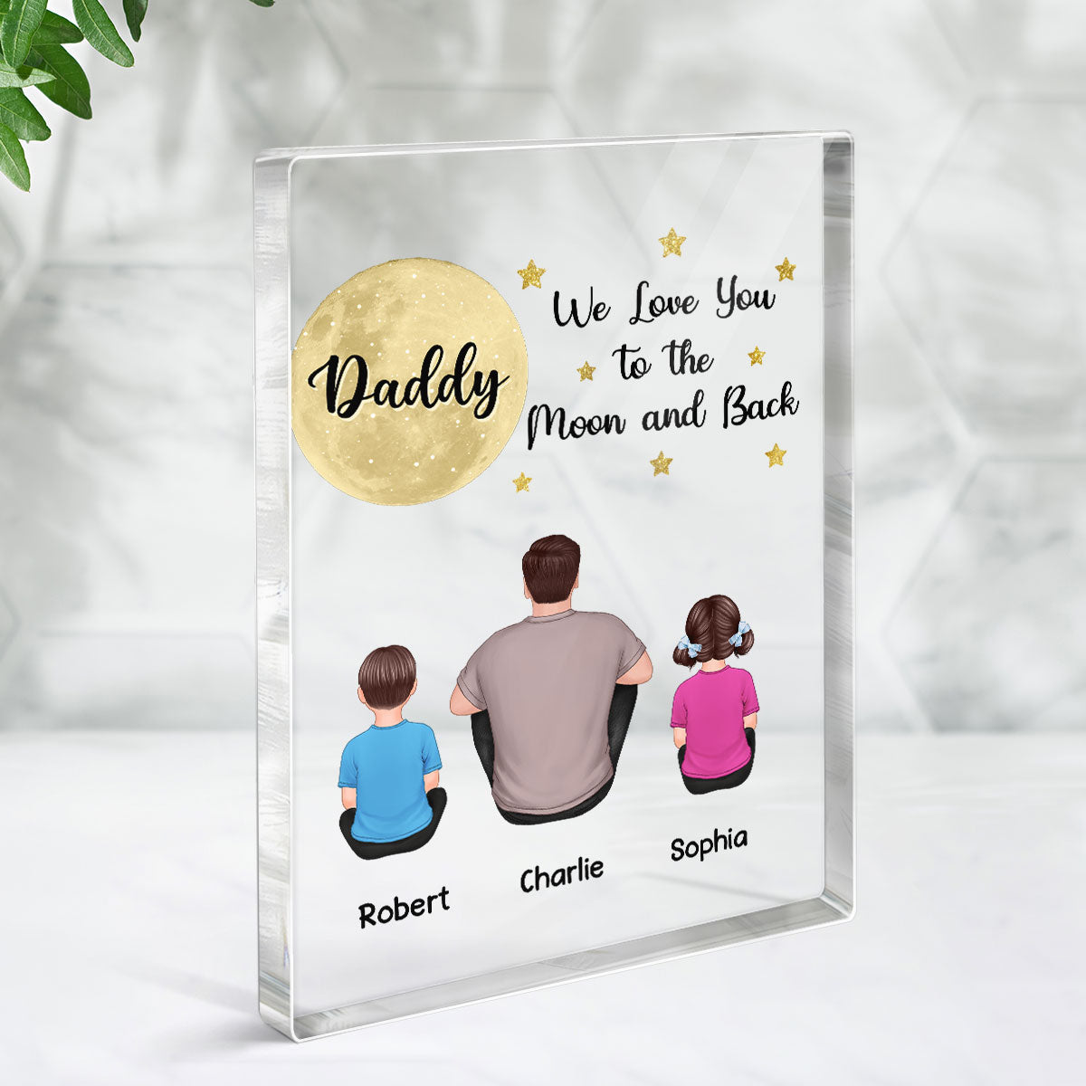 Back View Man Sitting With Kids Dogs Cats Dad We Love You To The Moon And Back Personalized Vertical Rectangle Acrylic Block Plaque