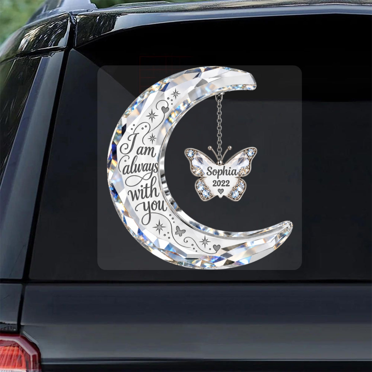 Always With You Memorial Crystal Moon & Butterfly Ornament 2D Flat - Personalized Decal - Sympathy Gift