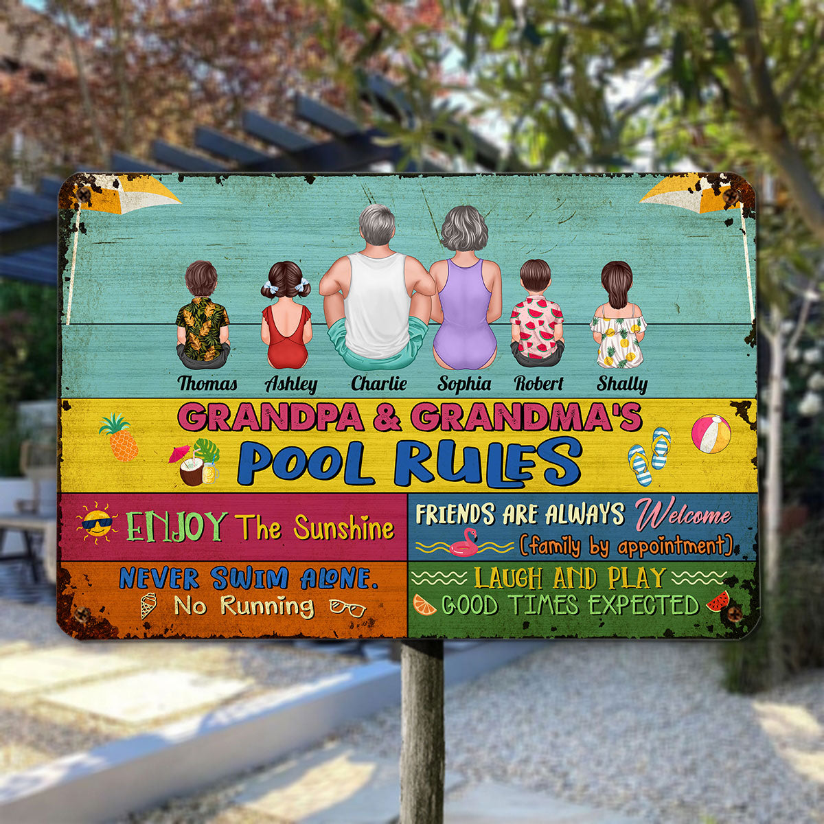 Grandparents Pool Rules Summer Palette Back View Sitting Man Woman Kids Personalized Metal Sign