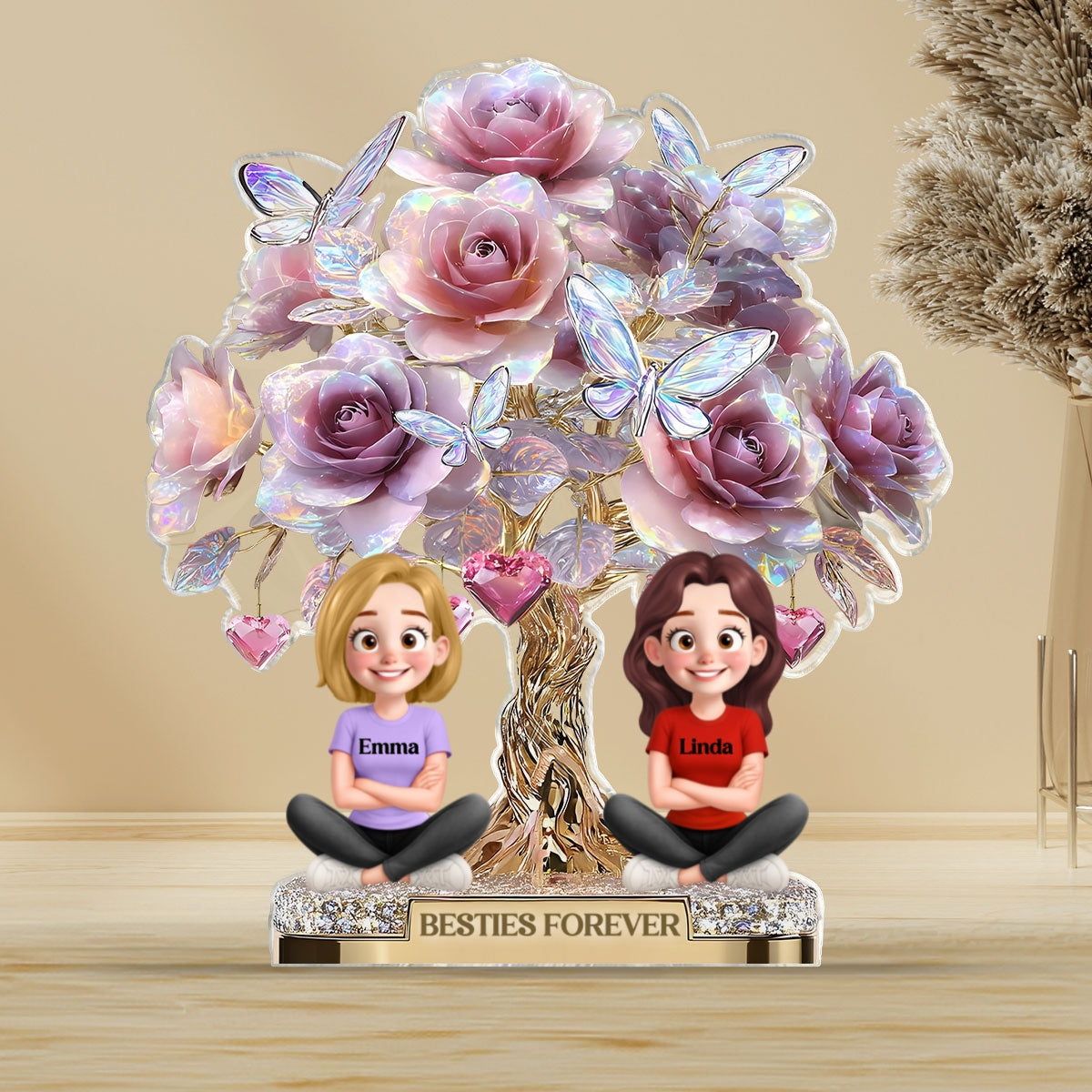 3D Effect Rose Tree Besties Sisters Personalized Acrylic Block Plaque