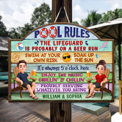 Cute Cartoon Couple Family Pool Rule Personalized Wood Sign