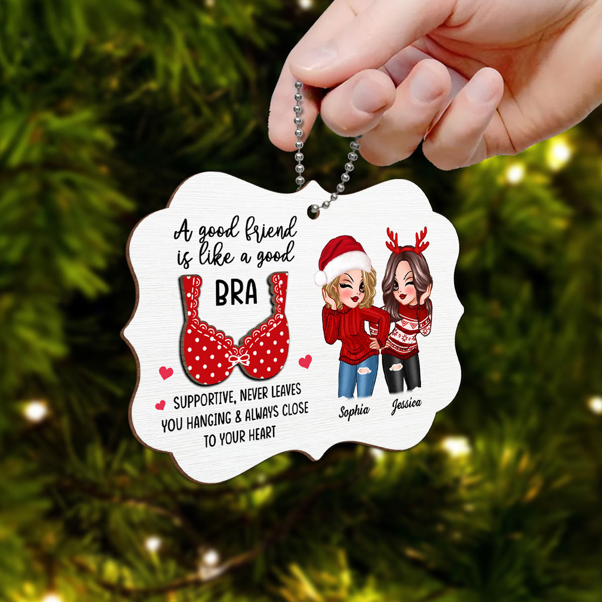 Sassy Besties A Good Friend Is Like A Good Bra Personalized 2-Layer Wooden Ornament