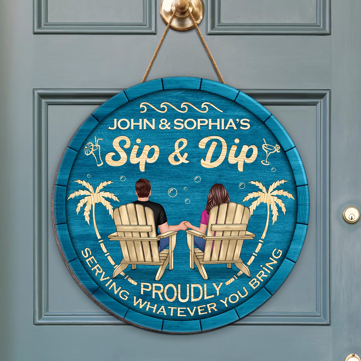 Sip & Dip Couple Sitting Personalized Wood Sign