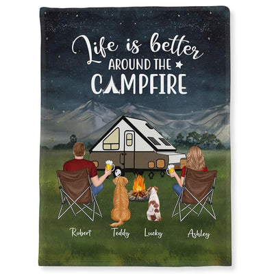 Family Couple Kid Dog Cat Camping Personalized Fleece Blanket