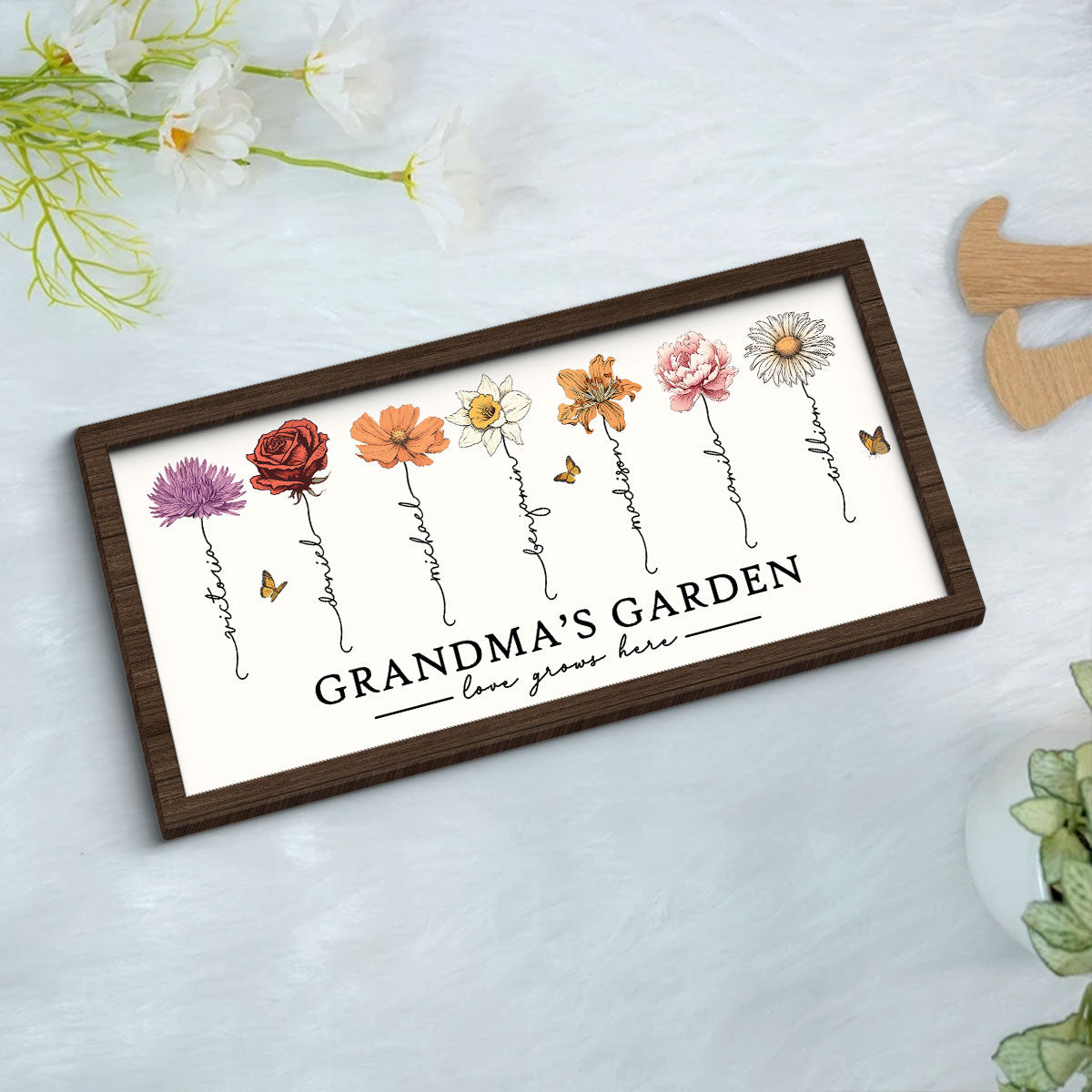 Love Grows Here Grandma's Garden Birth Month Flowers 2-Layer Wooden Plaque, Gift for Grandma, for Mom