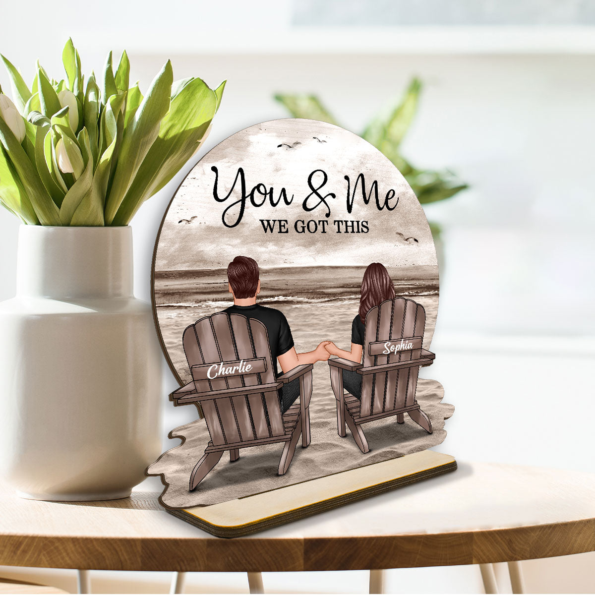 You & Me We Got This Couple Back View Sitting At Beach Landscape Personalized Standing Wooden Plaque