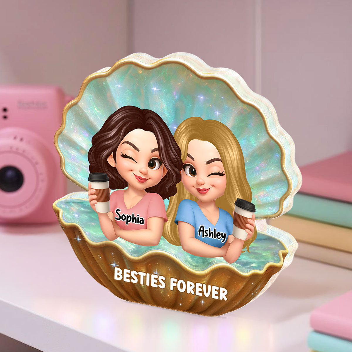 Besties Sisters Inside Seashell Pearl Personalized Acrylic Block