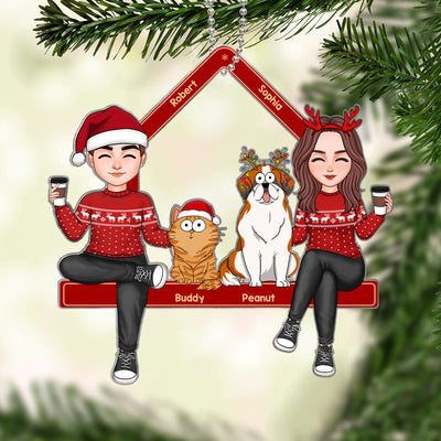 Cute Couple Sitting With Dogs Cats Personalized Acrylic Ornament