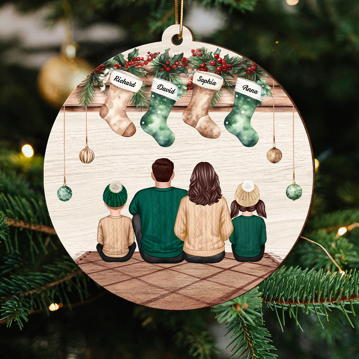 Vintage Christmas Stockings Family Sitting Personalized Wooden Ornament, Christmas Gift For Family