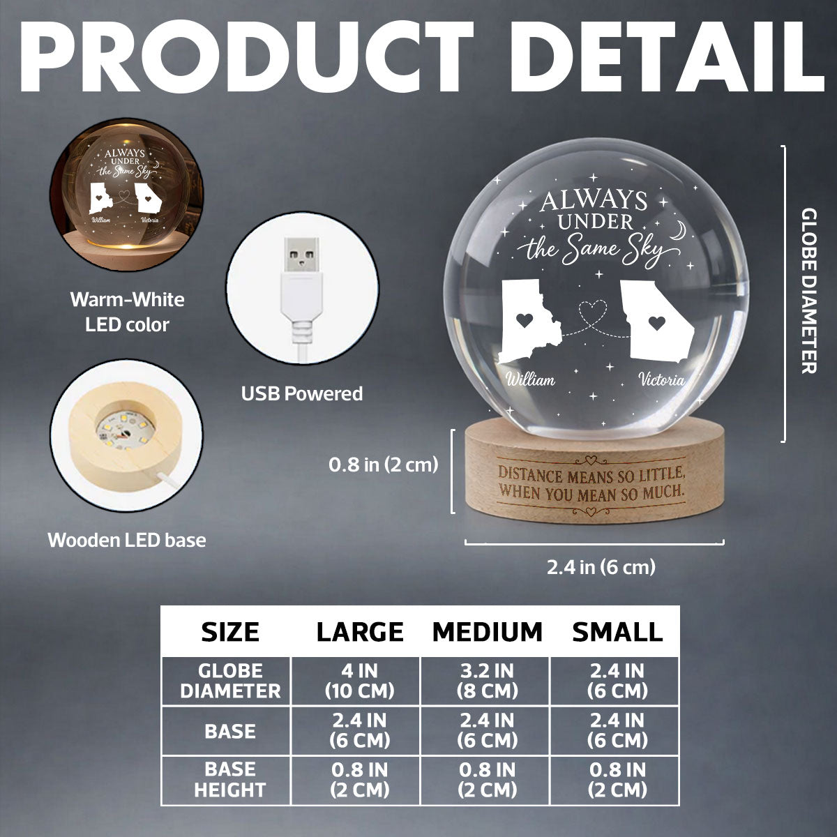 Long Distance Family Custom State Map - Personalized Crystal Ball LED Night Light - Togetherness Christmas Gift for Family