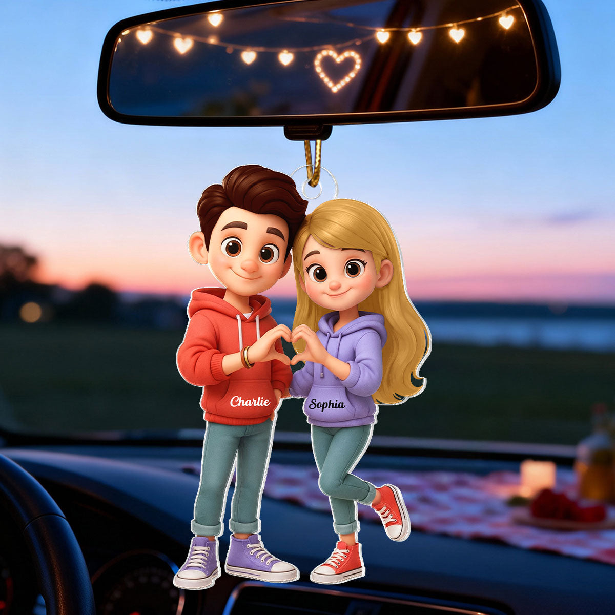 Cute Cartoon Couple Heartfelt Moment - Personalized Acrylic Car Hanger - Sentimental Gift for him, for her