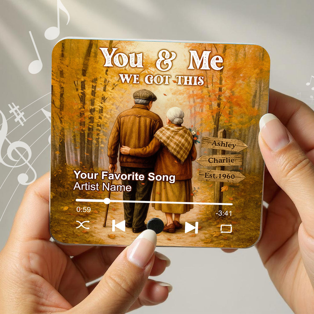 Fall Season Old Couple Personalized Music Fridge Magnet, Heartfelt Gift For Couple