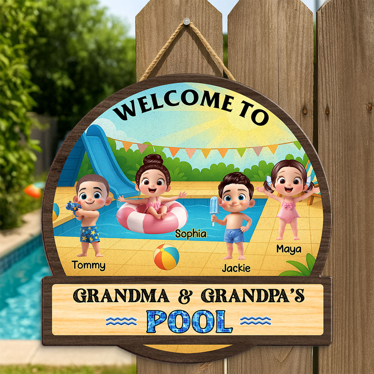Welcome to Grandma & Grandpa's Pool Personalized Wood Sign, Grandkids Pool Summer Welcome Sign