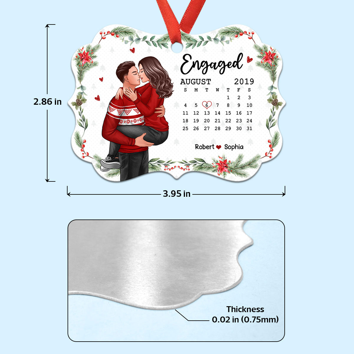 Christmas Engaged Married Couple Man Holding Woman Kissing Anniversary Date Calendar Personalized Christmas Ornament
