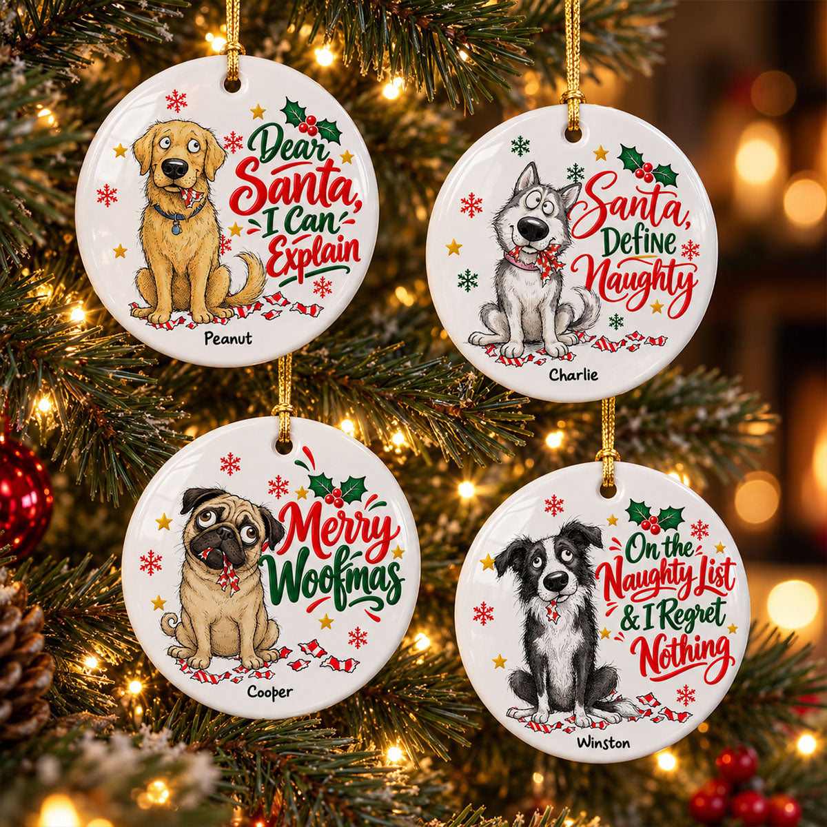 Dear Santa Define Naughty Guilty Dog Portrait From Your Dog Photo - Personalized Ceramic Ornament - Funny Christmas Tree Decor For Dog Lovers