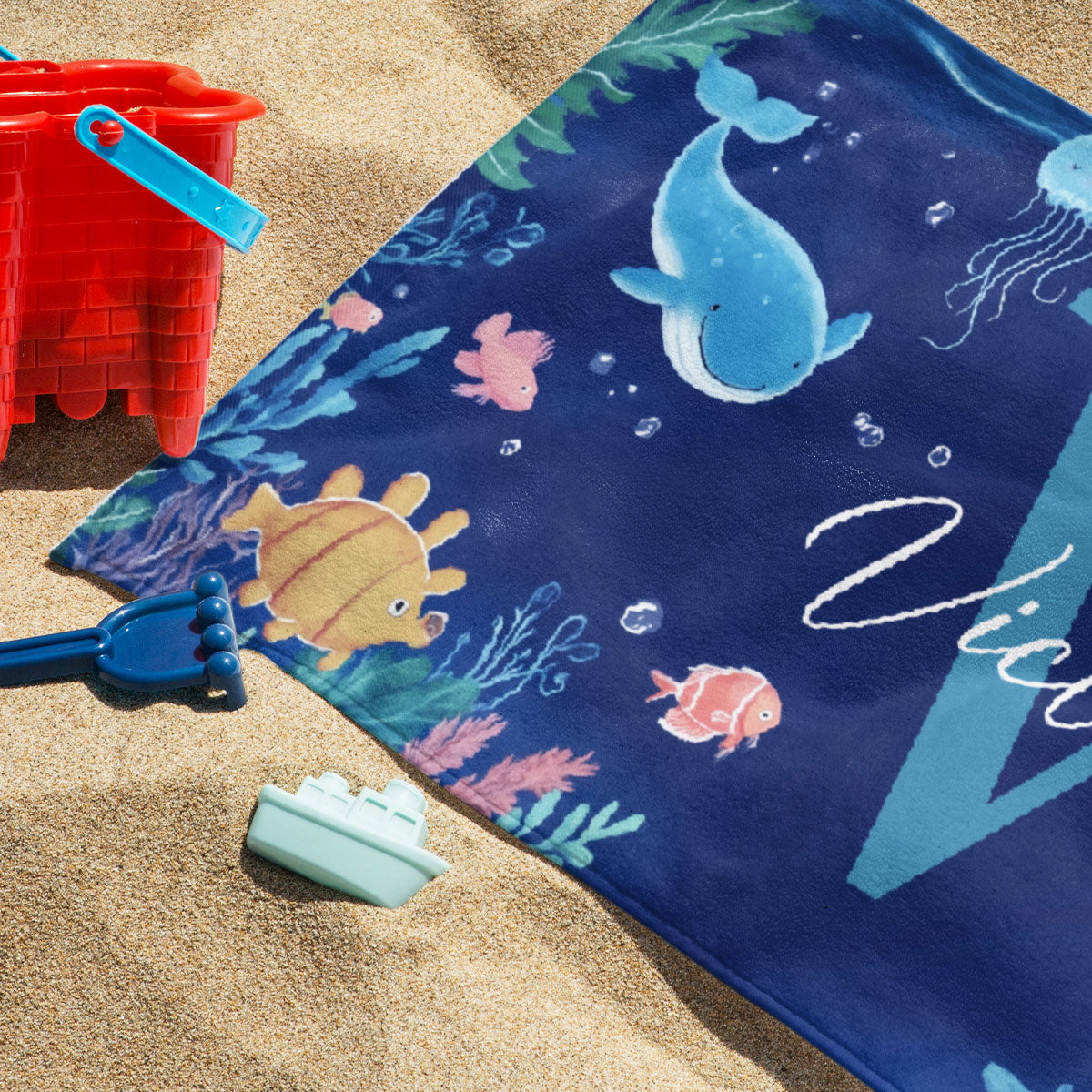 Personalized Ocean World Cute Animal Personalized Beach Towel with Initial and Name, Summer Travel, Accessories Gift for Boy Girl, Bath Towel