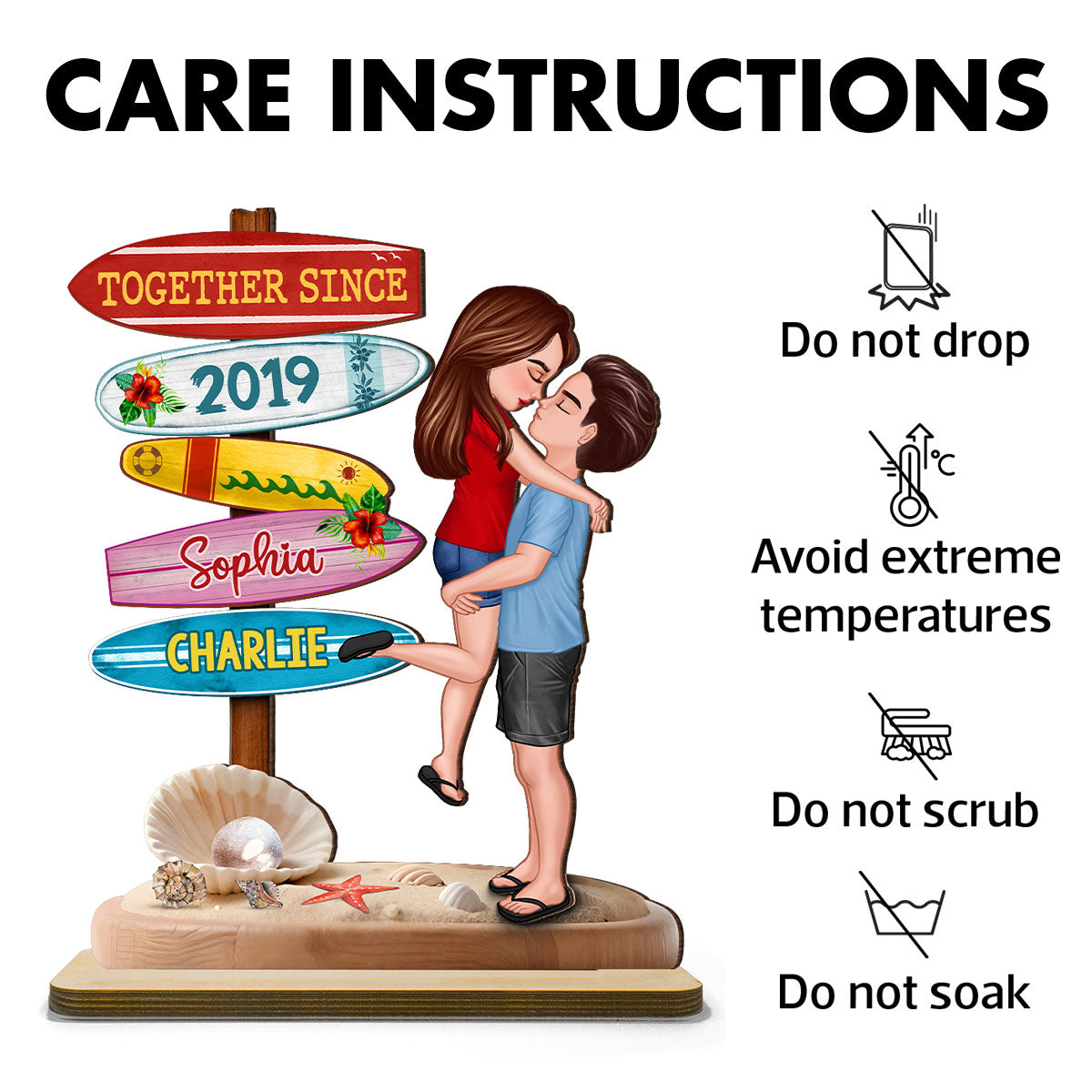 Couple Hugging Kissing Beach Sign Summer Vacation Personalized Standing Wooden Plaque