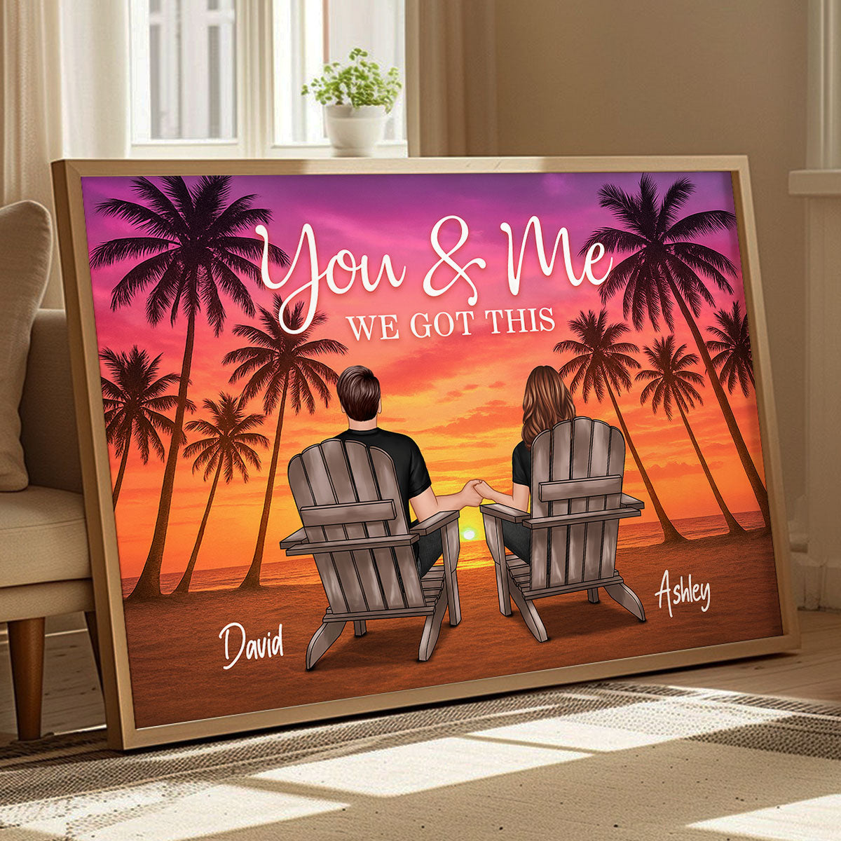 Couple Beach Sunset Under Tree Palm Personalized Poster, Anniversary gift for him, for her