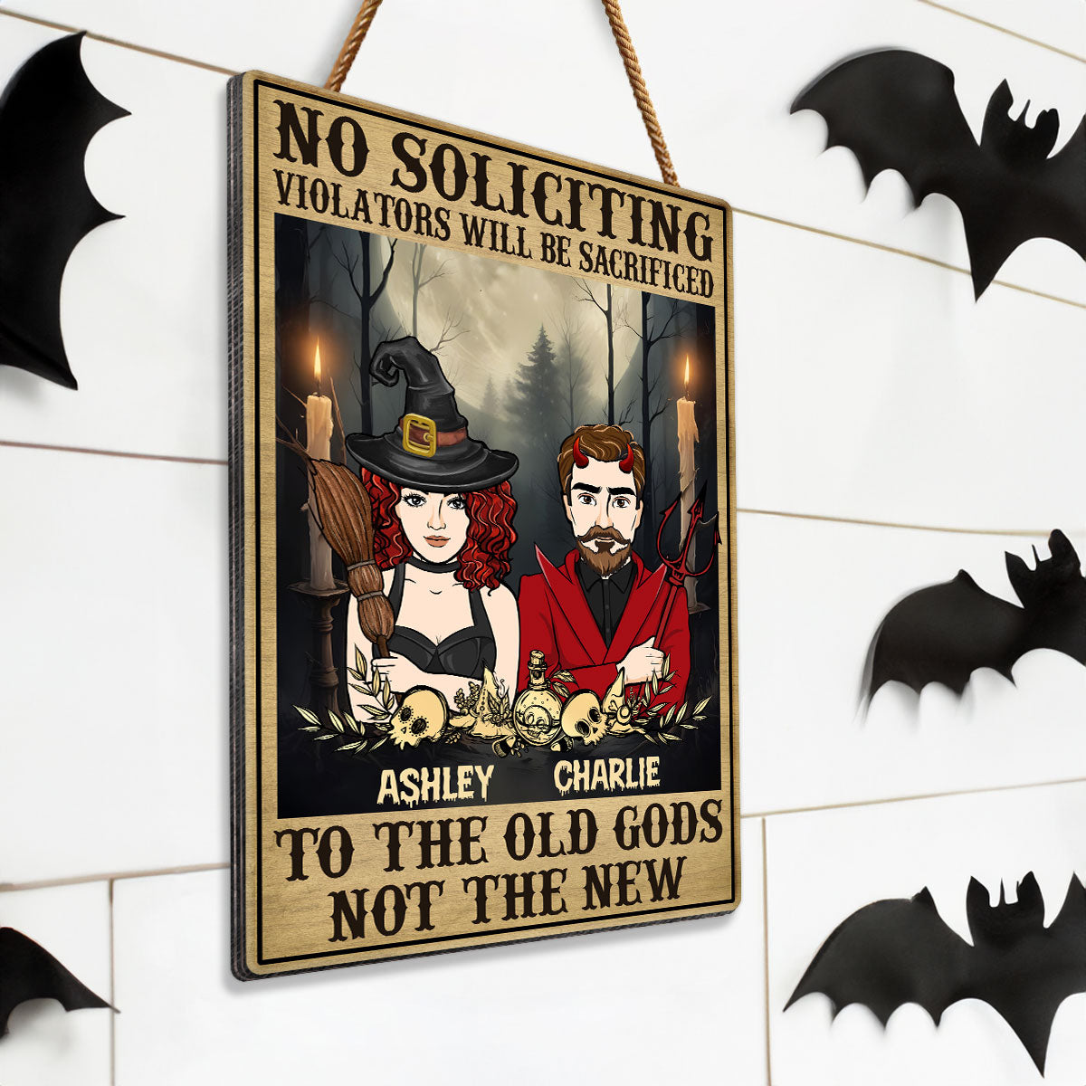 No Soliciting Halloween Couple Perosnalized Wood Sign, Door Hanger, Outside Decor