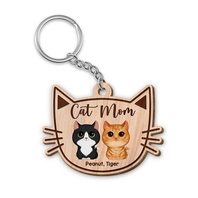 Cat Mom Watercolor Cute Cats Cat Face Shape Personalized Wooden Keychain
