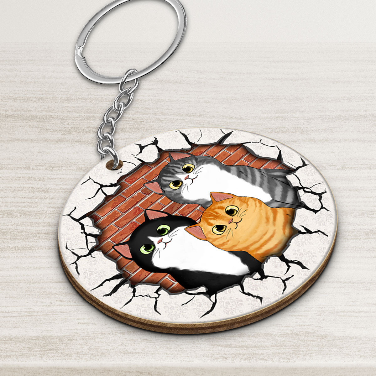 Naughty Cats Brick Background Personalized Wooden Keychain