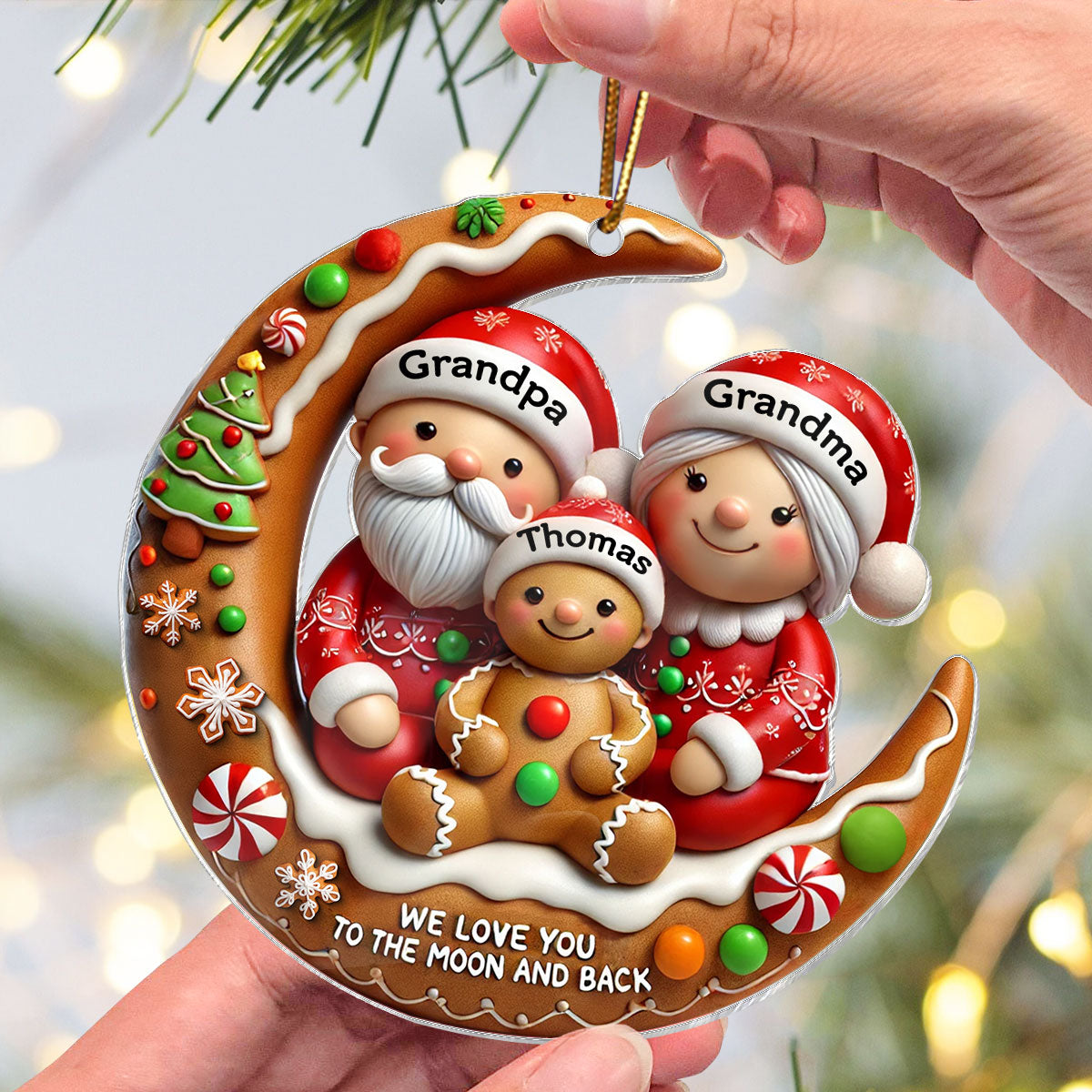3D Effect Gingerbread Grandma Grandpa Hugging Grandkid On Moon Christmas Personalized Acrylic Ornament, Gift For Granddaughter, Grandson