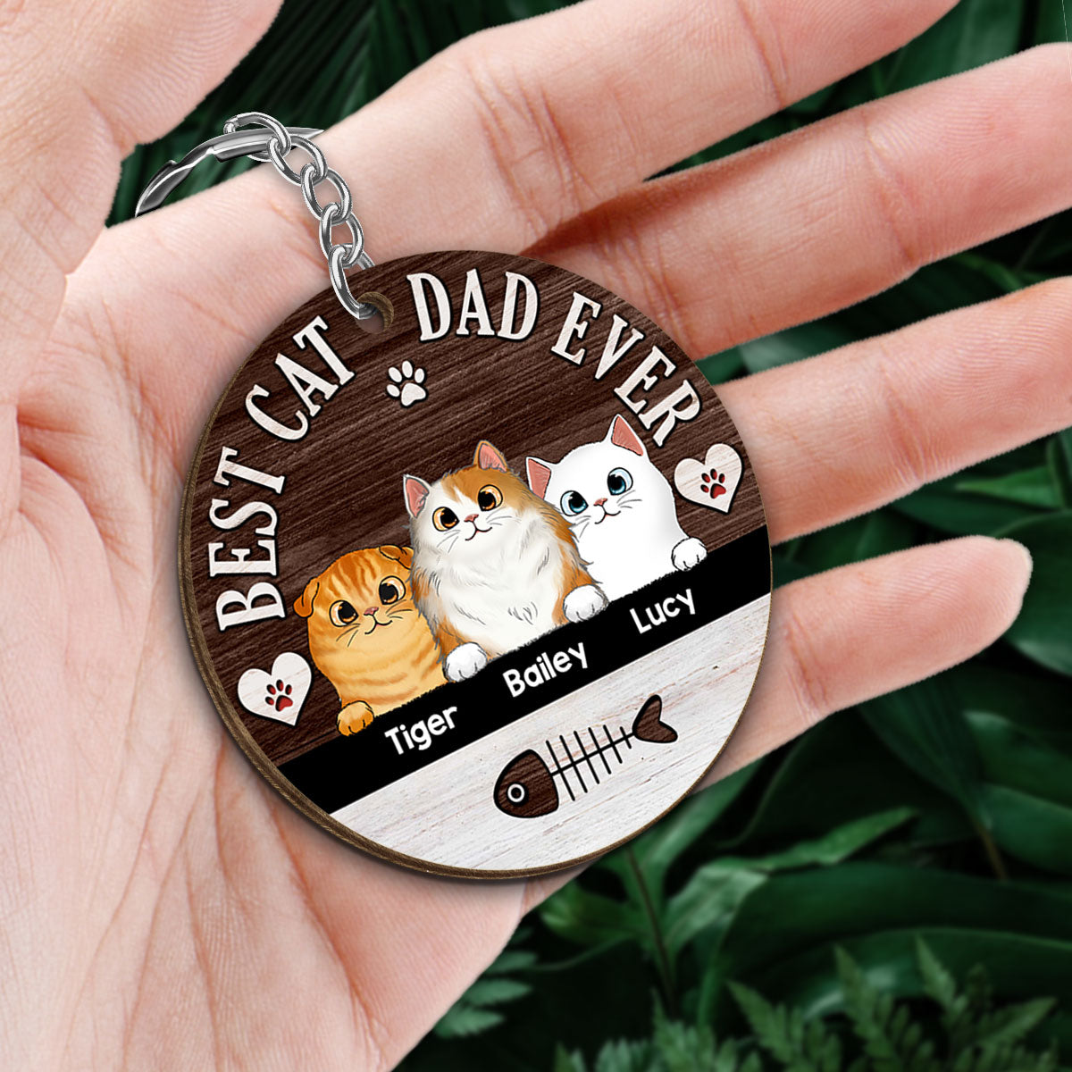 Best Cat Dad Ever Fluffy Cats Personalized Circle Wooden Keychain