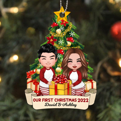 Doll Couple Opening Christmas Gifts Personalized Wooden Ornament