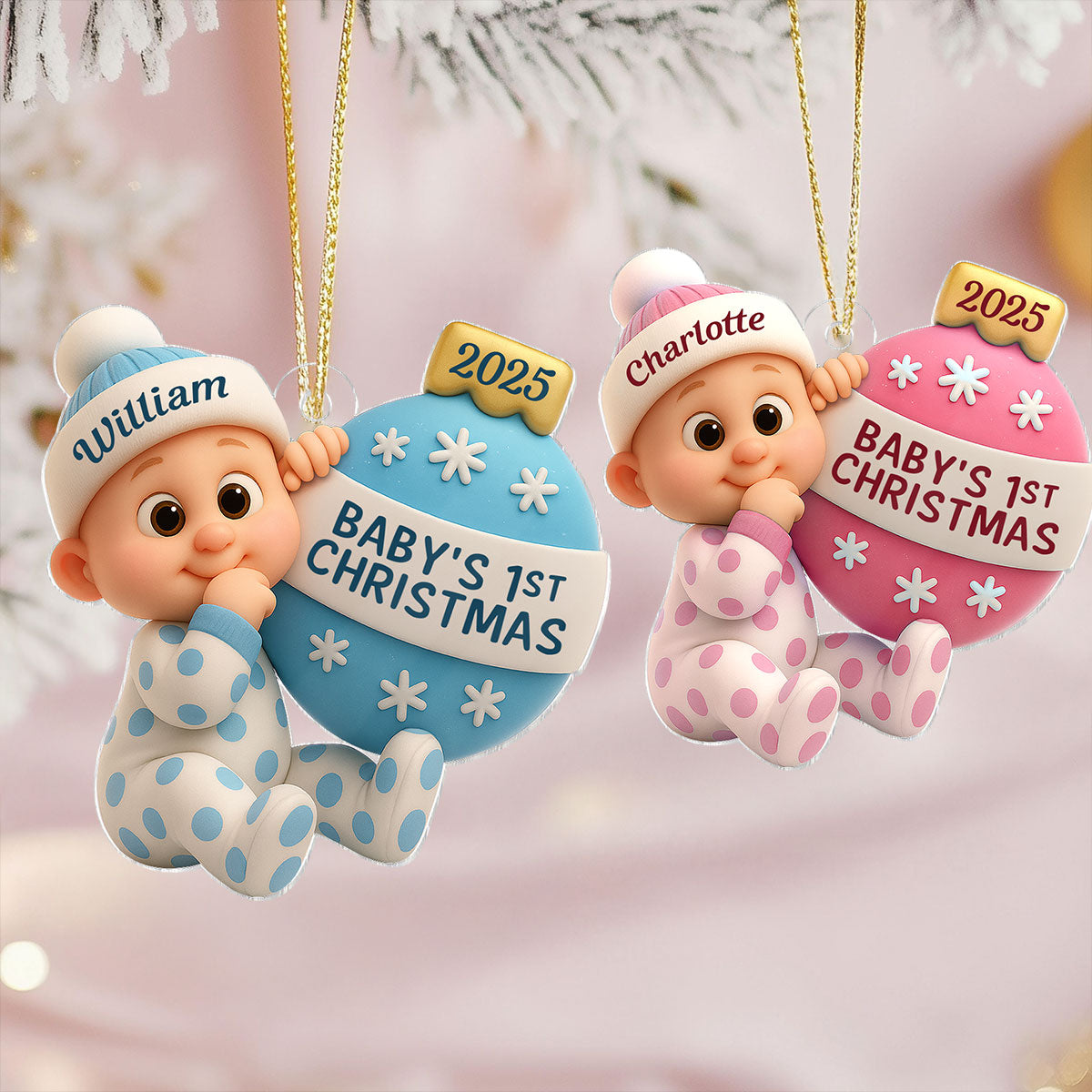 3D Effect Cute Cartoon Baby Beside Christmas Bauble Baby's 1st Christmas Personalized Acrylic Flat Ornament
