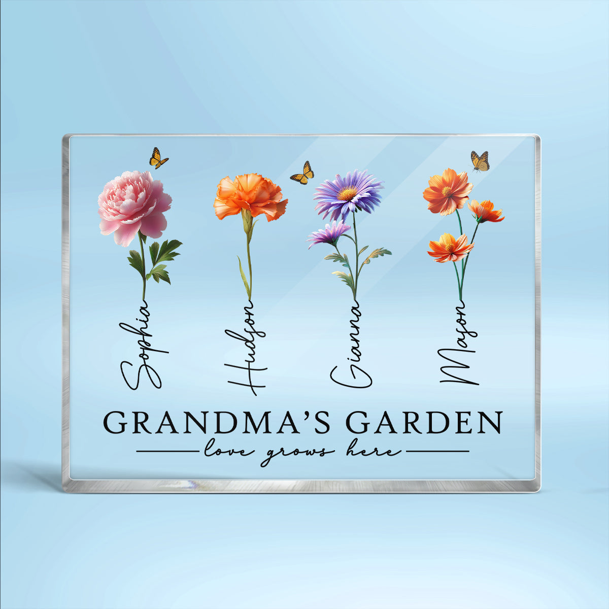 Grandma's Garden 3D Effect Birth Month Flowers Personalized Rectangle Acrylic Block Plaque