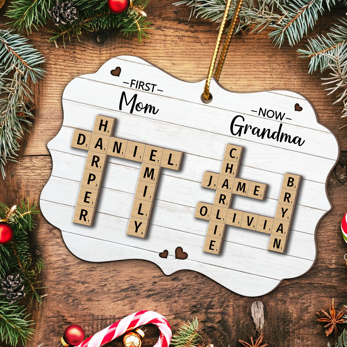 First Mom Now Grandma Crossword Puzzle Art Personalized 2-Layer Wooden Ornament, Christmas Gift For Grandma, Gift For Mom