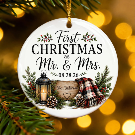First Christmas as Mr & Mrs - Personalized Ceramic Ornament - Newlywed Rustic Gift, Heartfelt Christmas Keepsake