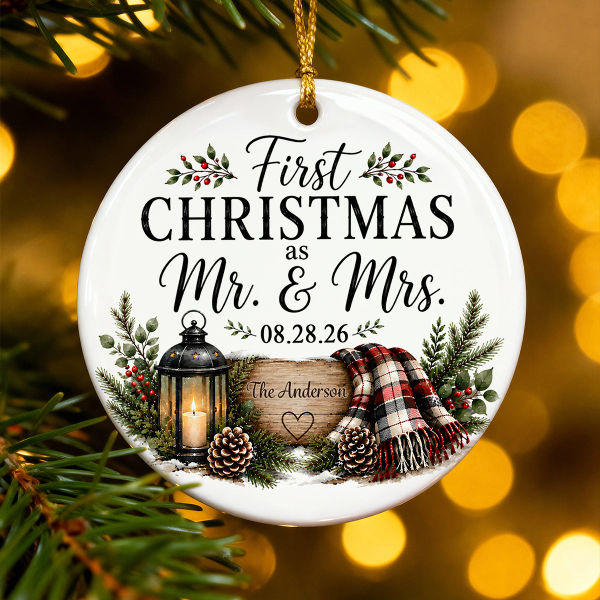 First Christmas as Mr & Mrs - Personalized Ceramic Ornament - Newlywed Rustic Gift, Heartfelt Christmas Keepsake