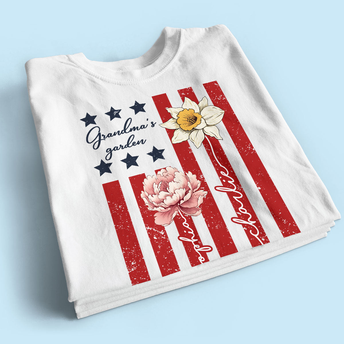 Grandma's Garden 4th Of July American Flag Personalized Shirt, Birth Month Flower, Gift For Grandma
