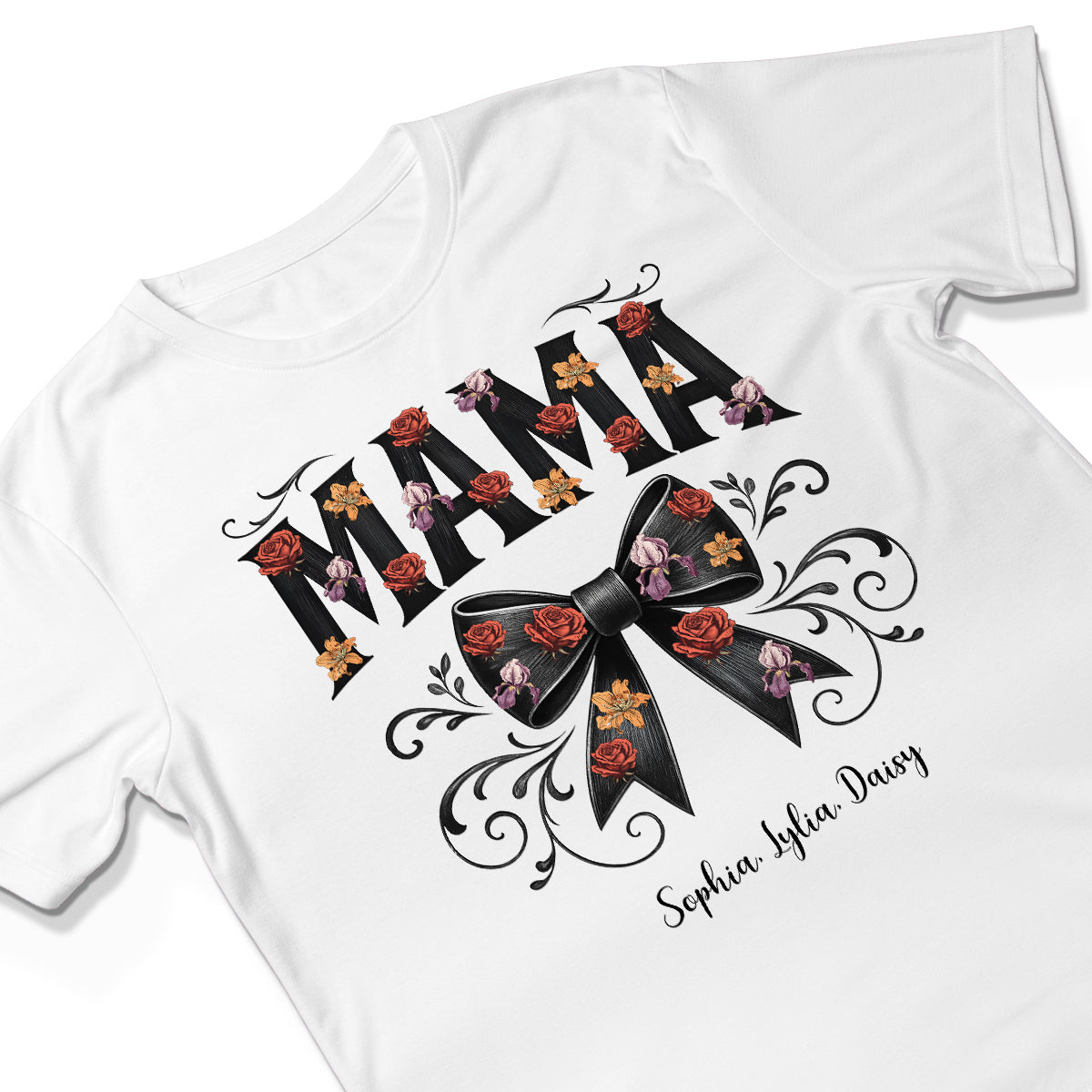 Mama Black Toile Coquette Bow Personalized Shirt, Birth Flower, Trendy Gift for Moms