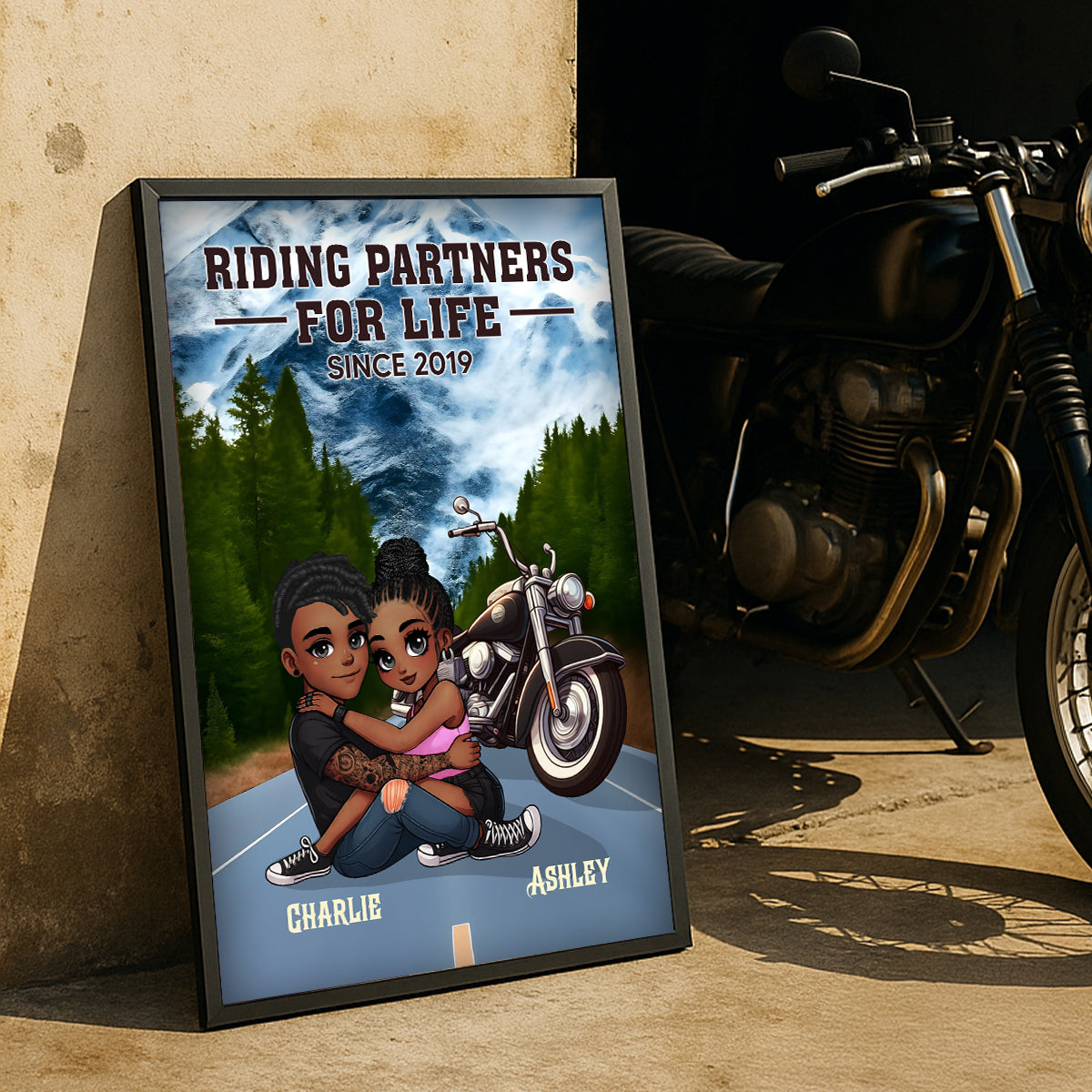 African American Biker Couple Riding Partners for Life Personalized Poster, Gift for him, Gift for her