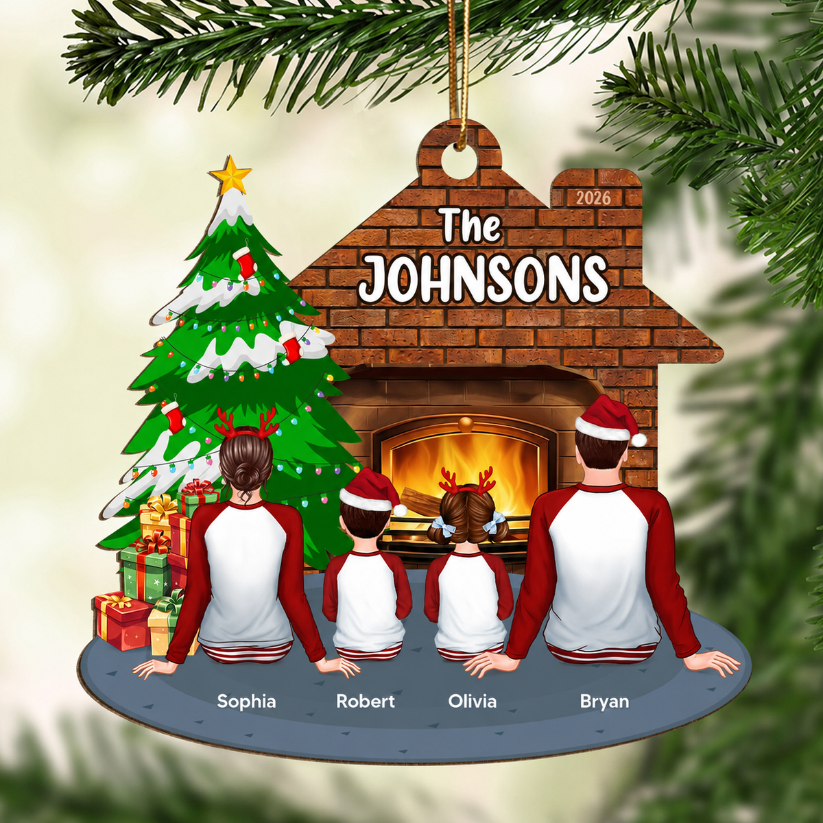 Pajamas Whole Family Sitting At Fireplace Personalized Wooden Ornament