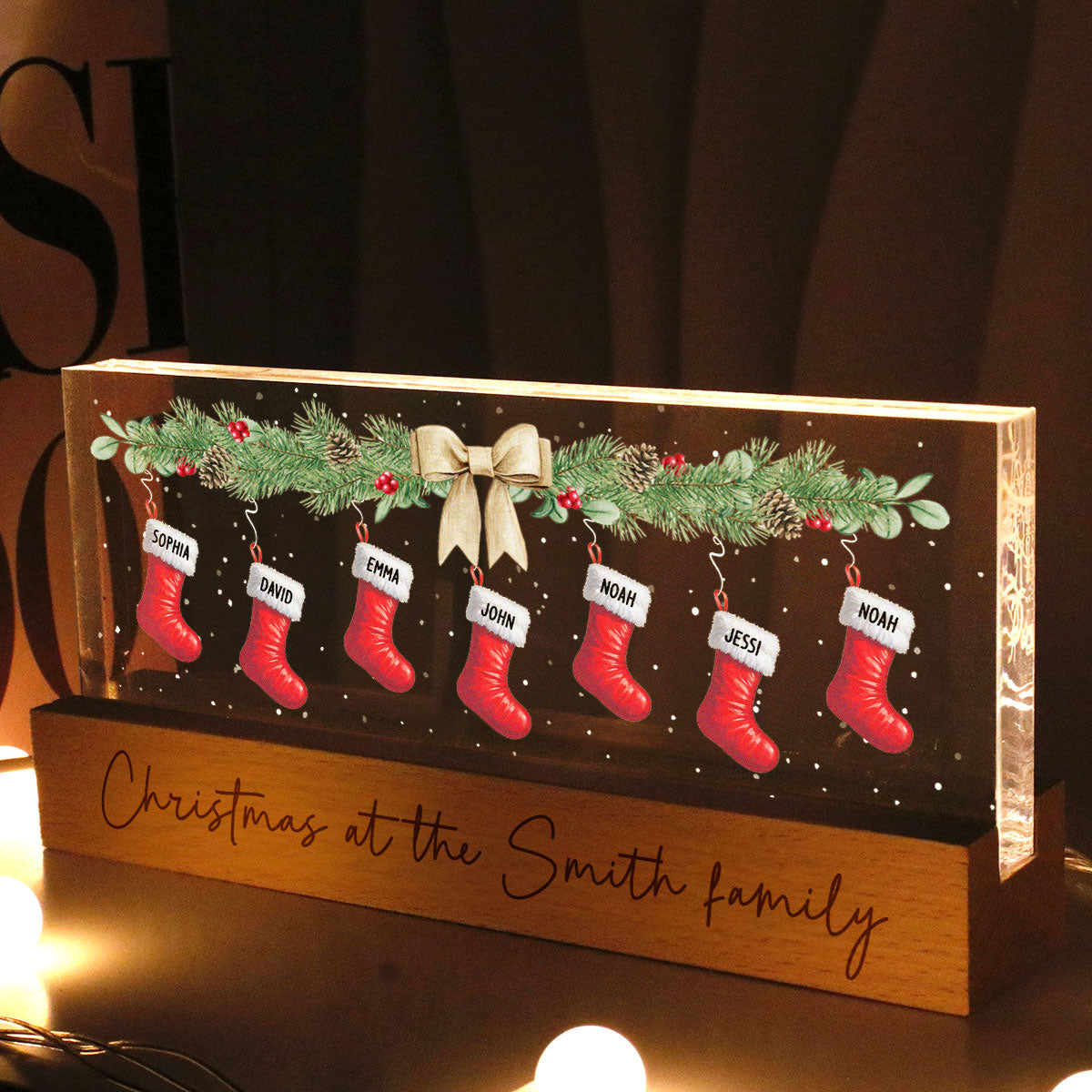 Christmas Stocking Family Names Personalized Acrylic Block LED Night Light