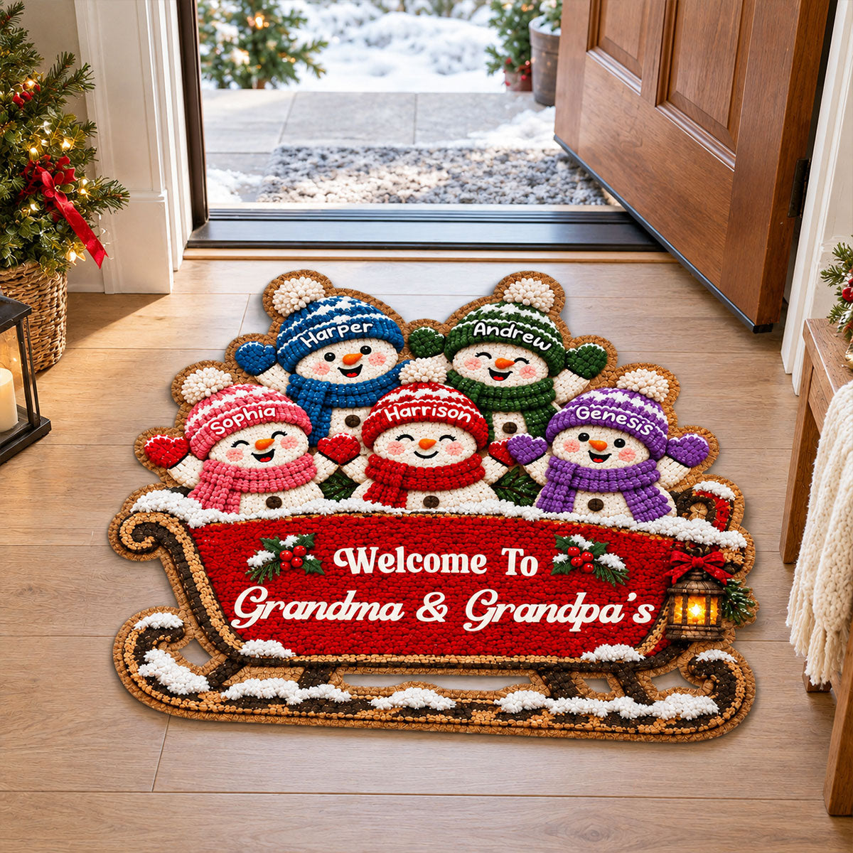 Grandkids Snowman On Sleigh - Personalized Door Mat - Christmas Decor For Grandparents, Family