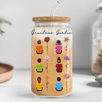 Grandkids Sitting Grandma Garden Vintage Birth Month Flowers Personalized Clear Glass Can