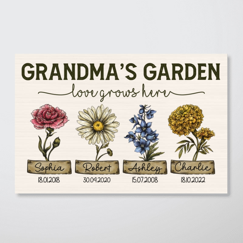 Grandma‘s Garden Love Grows Here Vintage Birth Month Flower Personalized Poster
