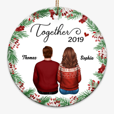Holly Branch Couple Back View Christmas Personalized Circle Ornament
